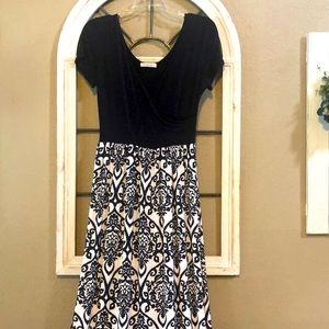 Navy blue & white, long maxi-dress, wrap neckline